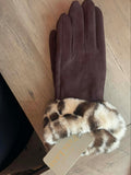 Black Gloves With Faux Fur Grey Leopard Print Cuffs