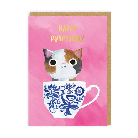 Pink Teacup Cat Birthday Greetings Card