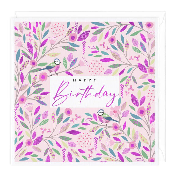 Beautiful Birds & Flowers Happy Birthday Greetings Card