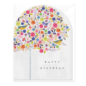 Colourful Tree & Birds Happy Birthday Large Arch Greetings Card