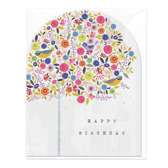 Colourful Tree & Birds Happy Birthday Large Arch Greetings Card