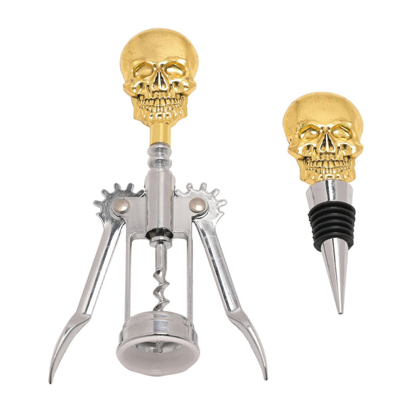 GOLD SKULL CORKSCREW & WINE BOTTLE STOPPER SET Sajaroo Gifts