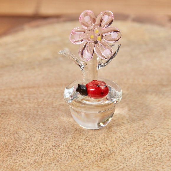 GLASS FLOWER ORNAMENT IN BOX WITH LADYBIRD & POT Sajaroo Gifts