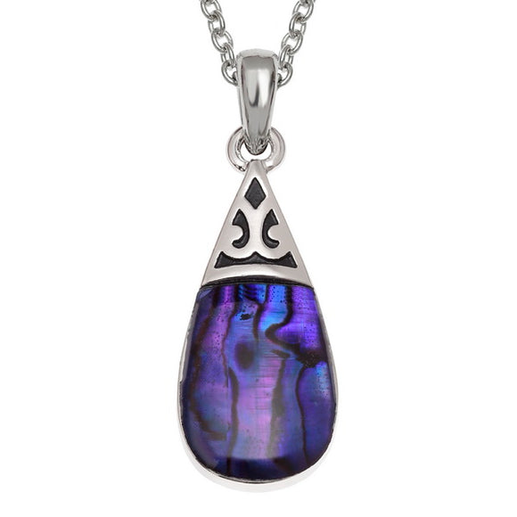 Purple pear drop design Tide Jewellery inlaid Paua shell pendant on trace chain Sajaroo Gifts